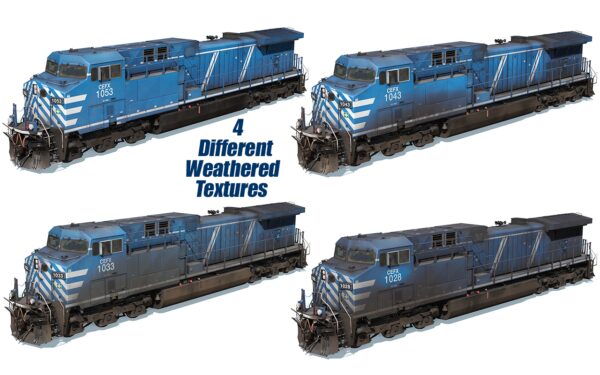 4 blue engines with white stripes
