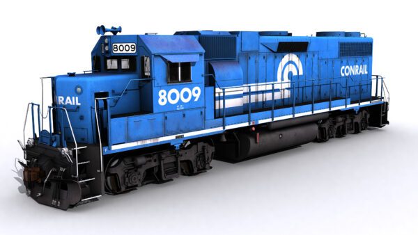Blue conrail, rail engine side view