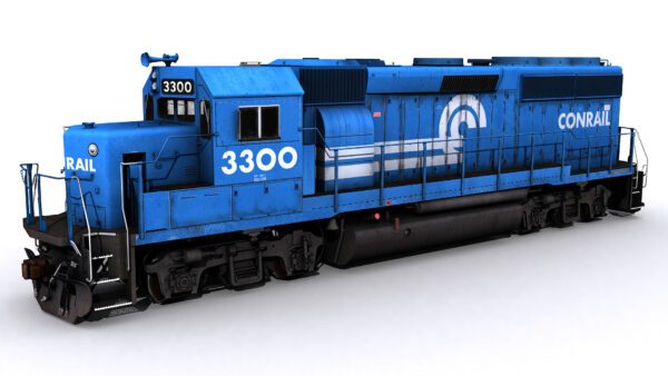 The conrail a blue rail engine, side