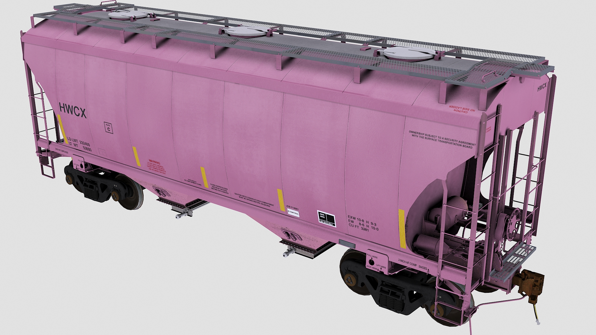 A pink, hwcx, two bay covered hopper